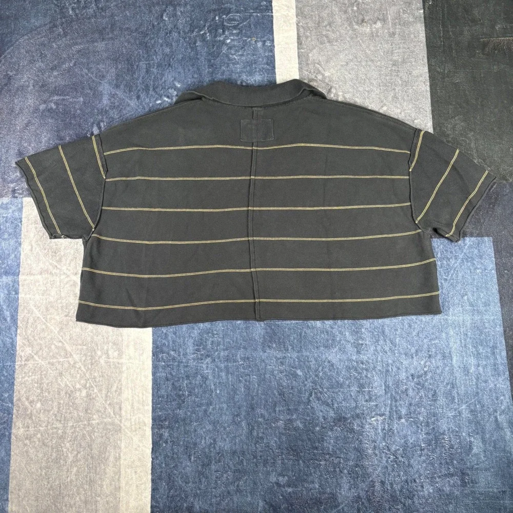 We The Free People Womens Black Striped Cropped OVersized Polo Knit Shirt Size L